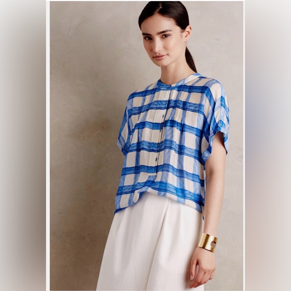 Anthropologie Blue & White Plaid Short-Sleeve Top